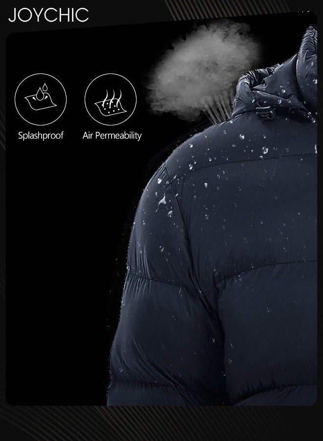 Joychic Men Down Jackets & Coats Lightweight Light Full Zip Up Puffy Puff Bubble Insulated Winter Warm Hooded Coat Outdoor Travel Slim Fit Puffer Jacket with Hood Navy Blue - Image 3