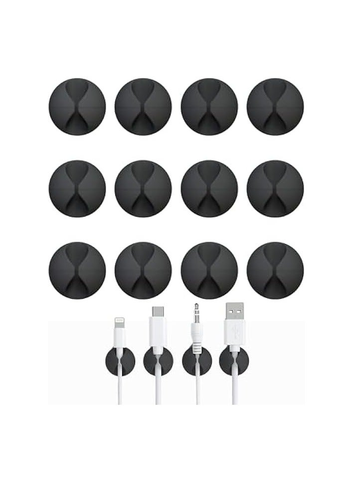 بروماس مشابك كابلات بروماس - 12 قطعة منظم سلك لاصق للمكتب، المنزل، المكتب، السيارة - مشابك حامل الأسلاك لإدارة الشاحن - حل حجرة منضدة سوداء - Image 1