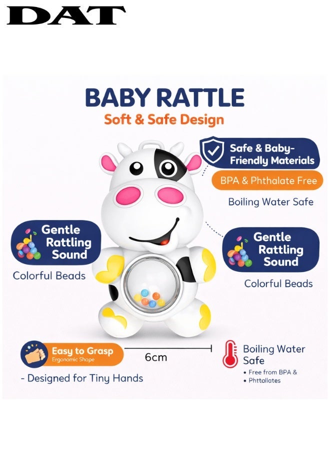 DAT Baby Rattle Cow Toy with Colorful Beads, Gentle Rattling Sound, BPA & Phthalate Free, Boiling Water Safe, 6 cm, White/Black/Yellow, for Infants - Image 1