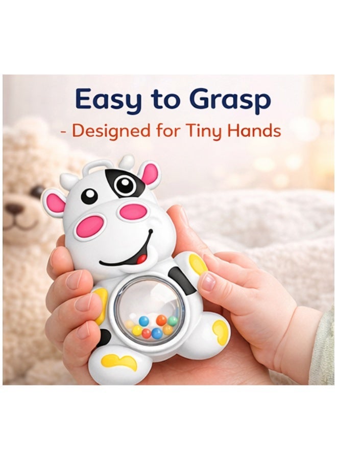DAT Baby Rattle Cow Toy with Colorful Beads, Gentle Rattling Sound, BPA & Phthalate Free, Boiling Water Safe, 6 cm, White/Black/Yellow, for Infants - Image 2