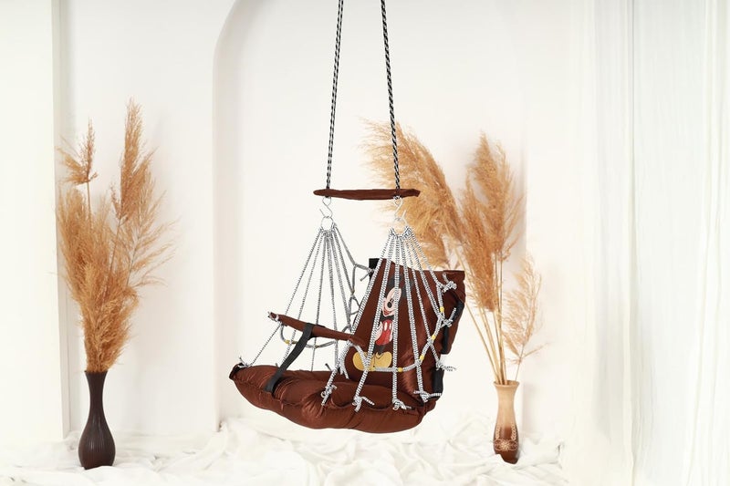 JULJULIA أرجوحة أطفال معلقة كرسي يويالا جولا للبالغين والأطفال داخلية وخارجية شرفة متينة من القطن داخل/خارج جولا للشرفة - بني (عبوة من 1) - Image 3
