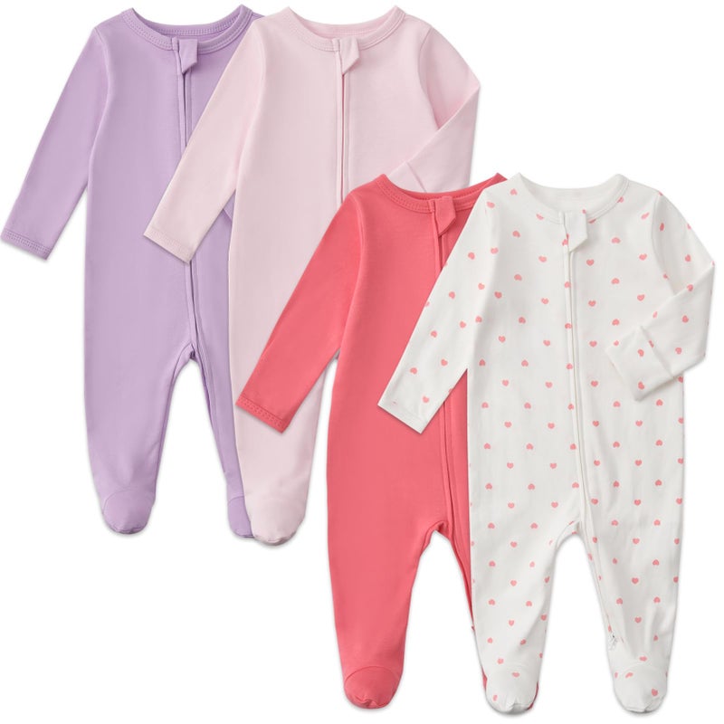 Aablexema Baby Pajamas with Mitten Cuffs Zipper 4-Pack Infant Newborn Cotton Long Sleeve Footie Outfit(Pink/Heart/Purple/Red,12-18m) - Image 1