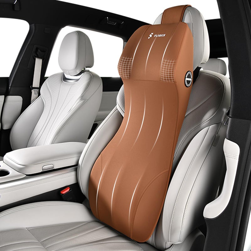 FLORICH Car Seat Lumbar Support with Headrest Pillow Memory Foam Car Lumbar Pillow Back Support Cushion 2-in-1 Ergonomic Back Rest Pillow & Car Neck Pillow for Driving Tailbone Pain Relief, Brown - Image 1