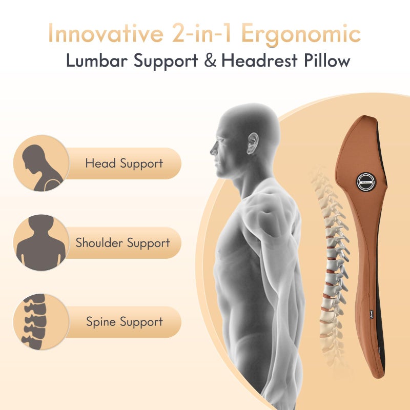 FLORICH Car Seat Lumbar Support with Headrest Pillow Memory Foam Car Lumbar Pillow Back Support Cushion 2-in-1 Ergonomic Back Rest Pillow & Car Neck Pillow for Driving Tailbone Pain Relief, Brown - Image 2