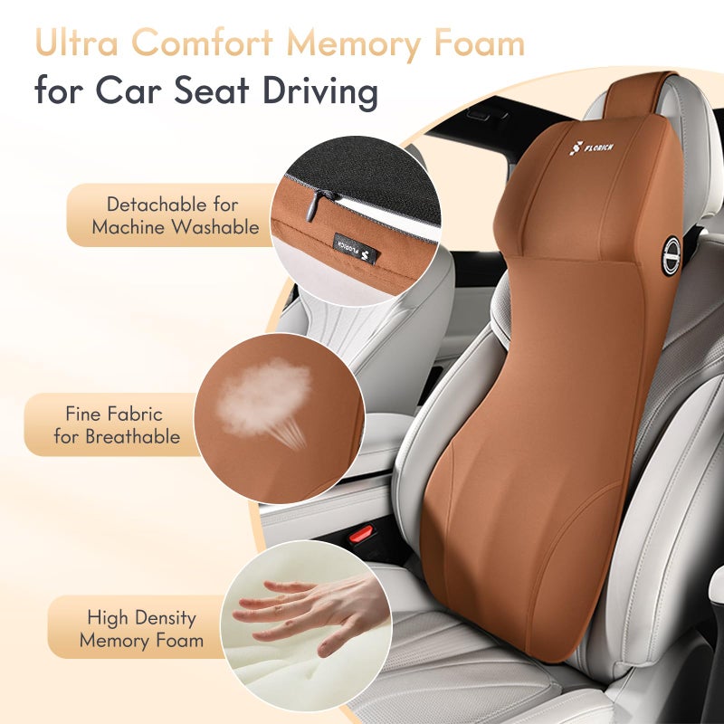 FLORICH Car Seat Lumbar Support with Headrest Pillow Memory Foam Car Lumbar Pillow Back Support Cushion 2-in-1 Ergonomic Back Rest Pillow & Car Neck Pillow for Driving Tailbone Pain Relief, Brown - Image 3