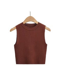 2023 Autumn New Slimming Round Neck Knit Vest Womens Style Sleeveless Striped Pullover Tailoring Your Silhouette Dark brown