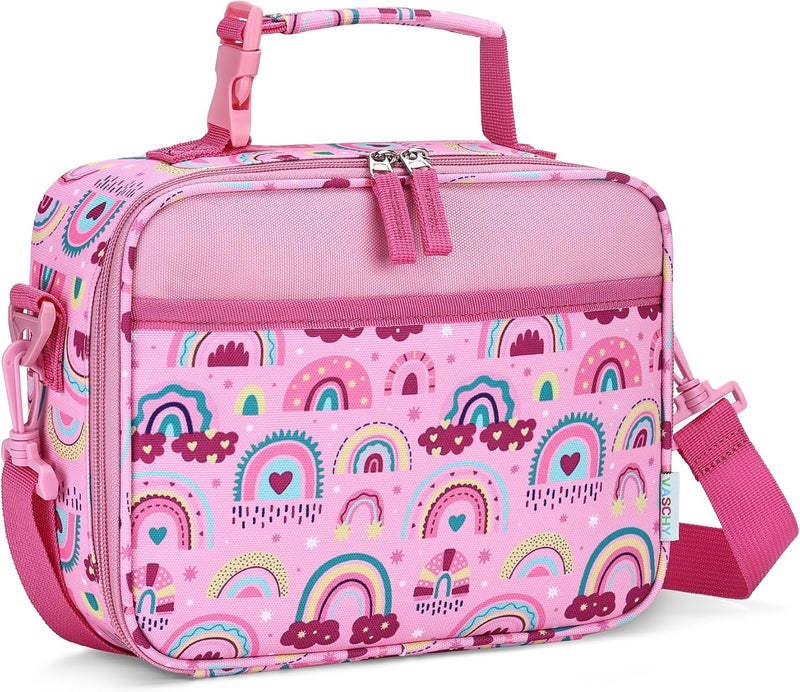 Vaschy Lunch Box Bag for Kids, Reusable Insulated Lunch Box Containers Coolers for Toddler Boys and Girls with Detachable Shoulder Strap for Daycare School Pink Rainbows - Image 1