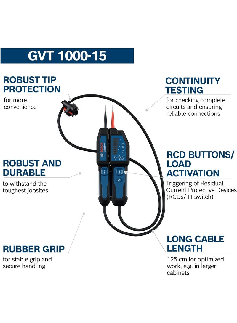 BOSCH Professional Voltage Tester GVT 1000-15,1000V AC/DC Electrical Tester with LED Display, Continuity Test, CAT IV 600V / CAT III 1000V, IP65 Protection, Torch Light, Audio & Vibration Alert, Includes Pouch & AAA Batteries - Image 3