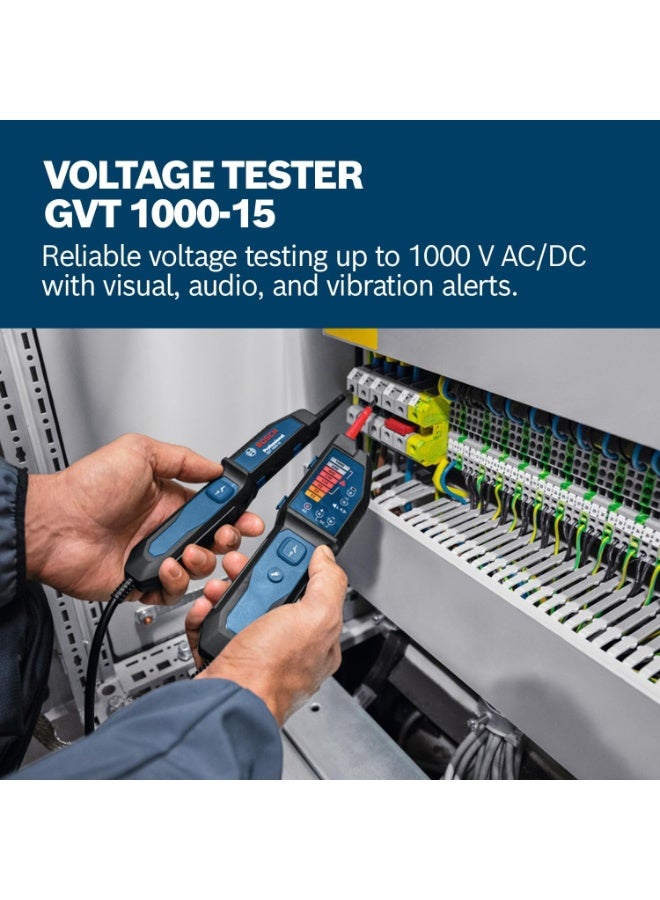 BOSCH Professional Voltage Tester GVT 1000-15,1000V AC/DC Electrical Tester with LED Display, Continuity Test, CAT IV 600V / CAT III 1000V, IP65 Protection, Torch Light, Audio & Vibration Alert, Includes Pouch & AAA Batteries - Image 2