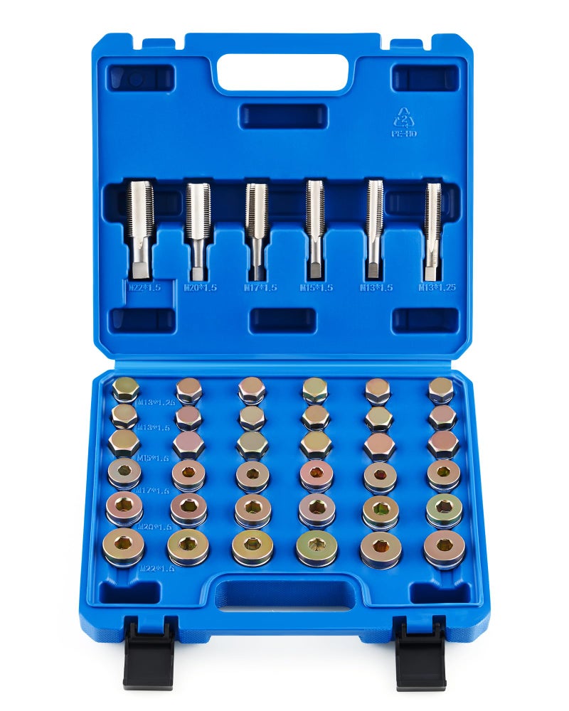 Orion Motor Tech مجموعة إصلاح صمامات تصريف الزيت من أوريون موتور تك 150 قطعة بأحجام M13 وM15 وM17 وM20 وM22، مجموعة إصلاح خيوط صينية الزيت المترية مع غسالات ضغط، خيوط، صمامات تصريف وحقيبة حمل، أدوات إعادة الخيوط - Image 1