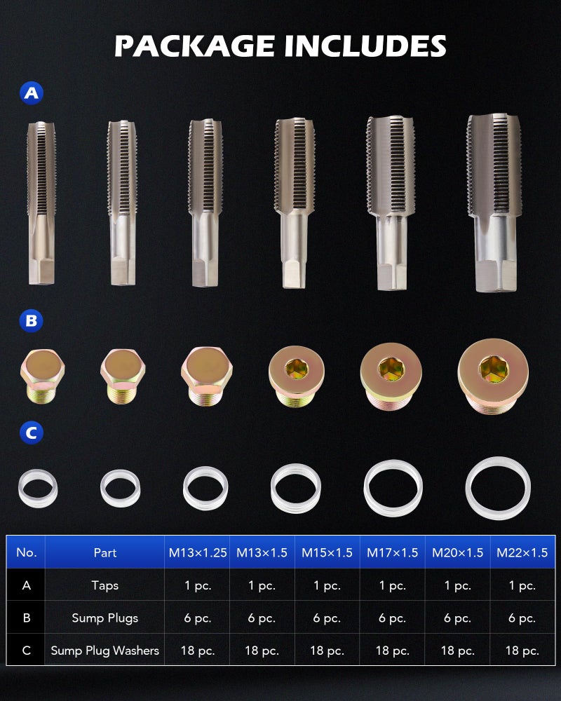 Orion Motor Tech مجموعة إصلاح صمامات تصريف الزيت من أوريون موتور تك 150 قطعة بأحجام M13 وM15 وM17 وM20 وM22، مجموعة إصلاح خيوط صينية الزيت المترية مع غسالات ضغط، خيوط، صمامات تصريف وحقيبة حمل، أدوات إعادة الخيوط - Image 3