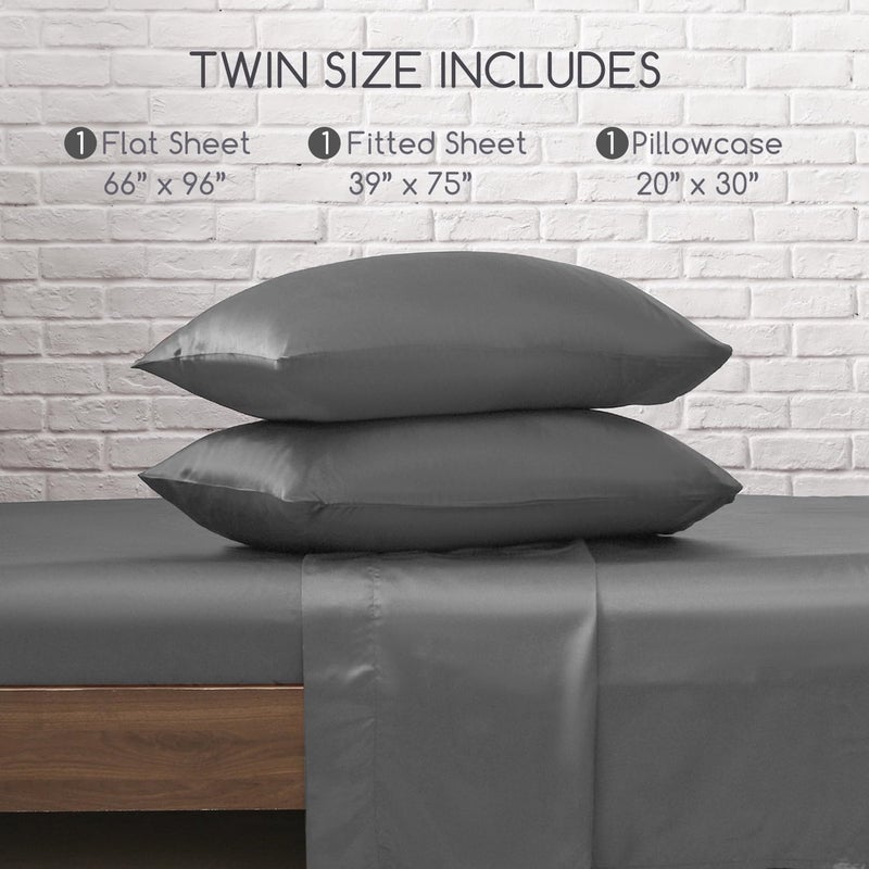 MR&HM Satin Bed Sheets, Twin Size Sheets Set, 3 Pcs Silky Bedding Set with 15 Inches Deep Pocket for Mattress (Twin, Dark Grey) - Image 2