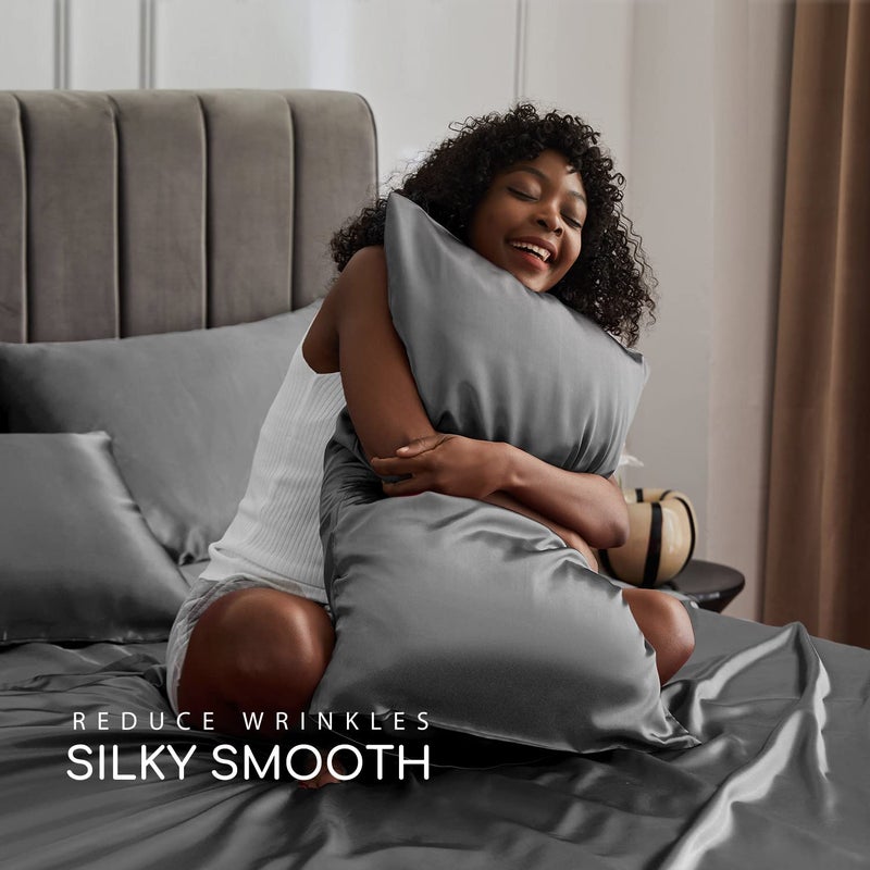 MR&HM Satin Bed Sheets, Twin Size Sheets Set, 3 Pcs Silky Bedding Set with 15 Inches Deep Pocket for Mattress (Twin, Dark Grey) - Image 4