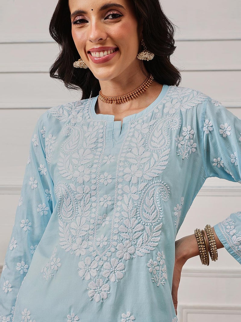 Ada Hand Embroidered Lucknowi Chikankari Cotton Kurta Kurti Tunic for Women A411695 Blue (3XL) - Image 5