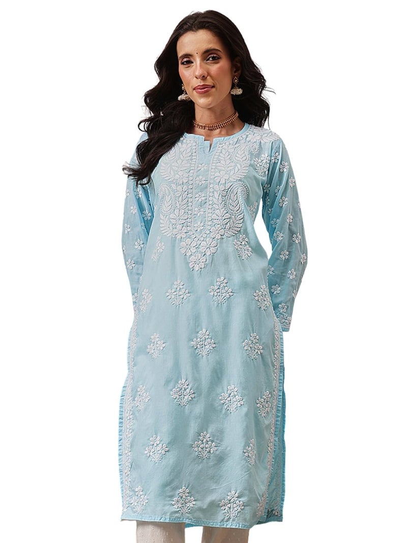 Ada Hand Embroidered Lucknowi Chikankari Cotton Kurta Kurti Tunic for Women A411695 Blue (3XL) - Image 1