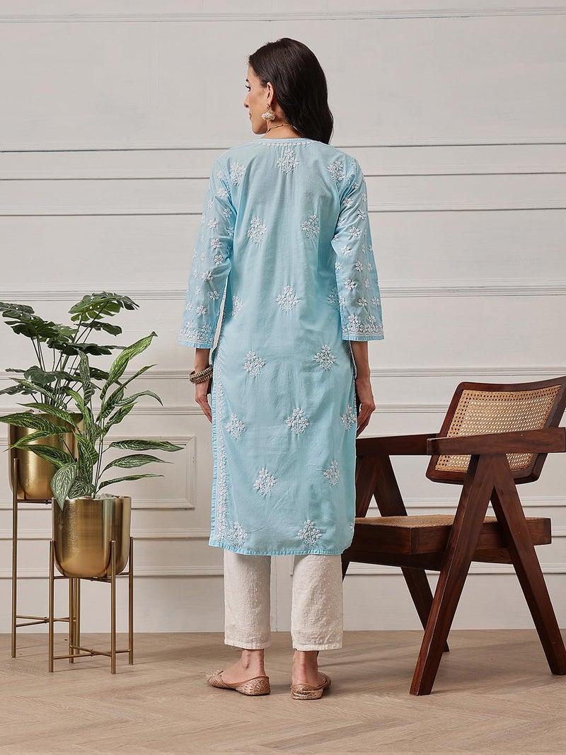 Ada Hand Embroidered Lucknowi Chikankari Cotton Kurta Kurti Tunic for Women A411695 Blue (3XL) - Image 2