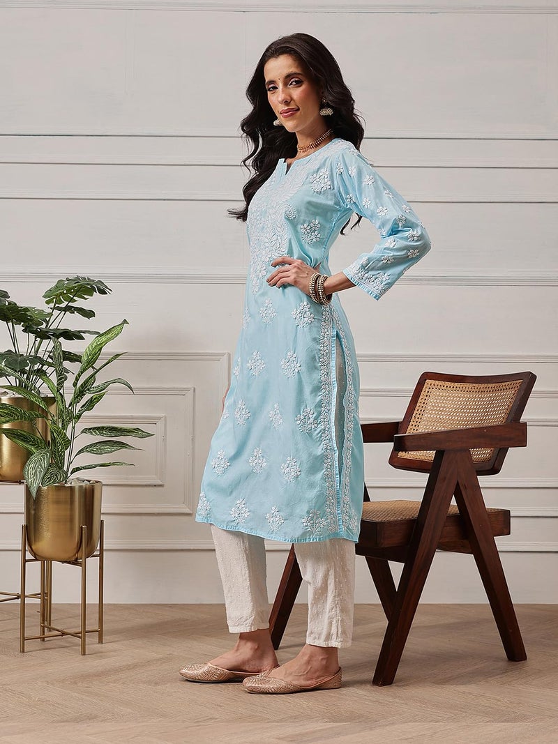 Ada Hand Embroidered Lucknowi Chikankari Cotton Kurta Kurti Tunic for Women A411695 Blue (3XL) - Image 4