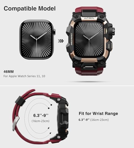 ULTIMAL Rugged Case with Band for Apple Watch 46mmCompatible with Apple Watch Series 1110 Military Grade Shockproof Bumper Cover for iWatch Tactical Band Men 46mmRed - Image 3