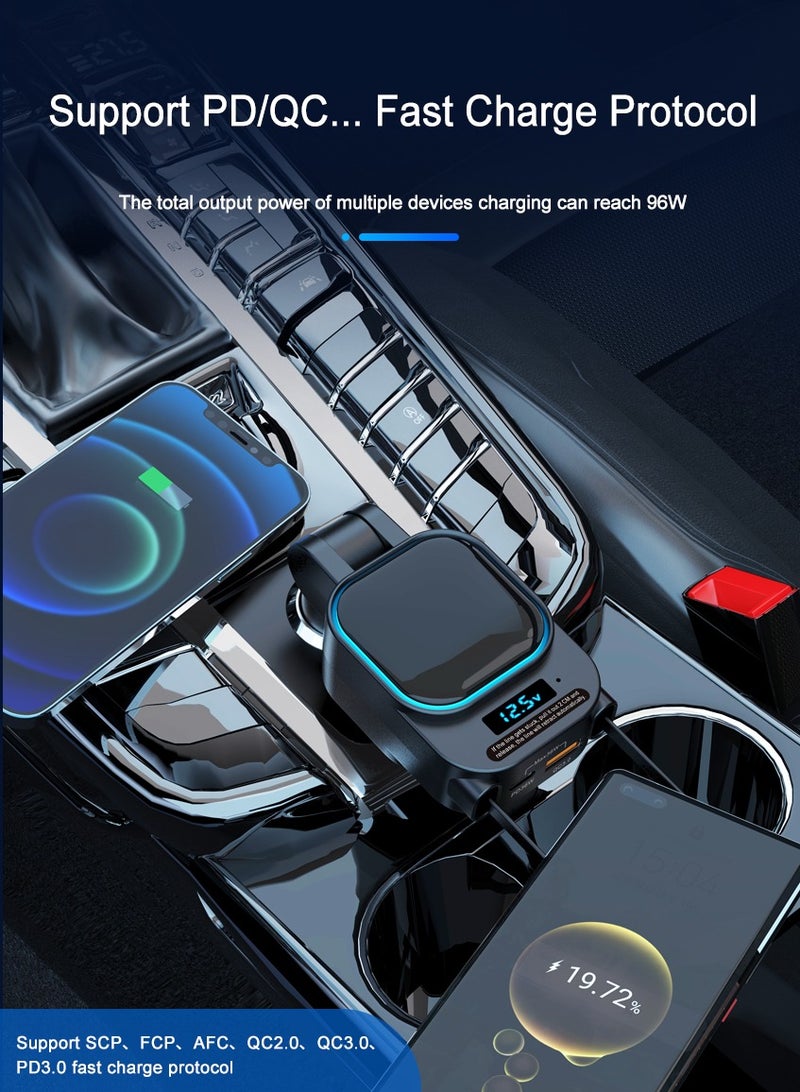 شاحن سيارات سريع مع كابلات قابلة للسحب (Type-C و Lightning)، متوافق مع 12 فولت و24 فولت، زاوية قابلة للتعديل، منفذ USB و PD Type-C، مناسب لـ iPhone، iPad، Samsung، Huawei، Xiaomi، والهواتف الذكية ال - Image 3