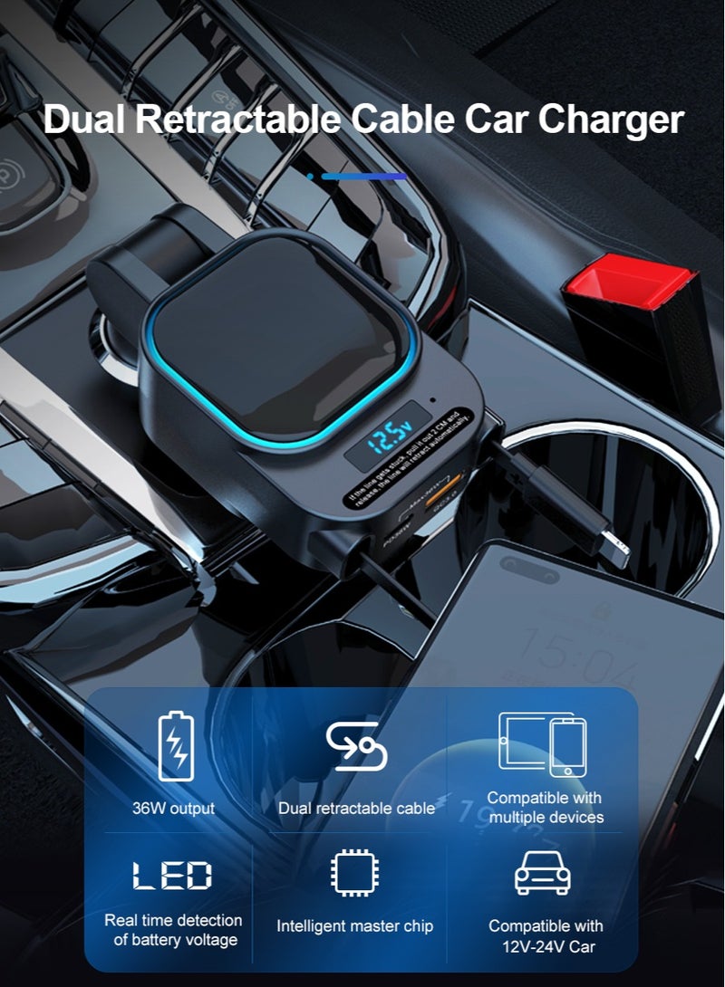 شاحن سيارات سريع مع كابلات قابلة للسحب (Type-C و Lightning)، متوافق مع 12 فولت و24 فولت، زاوية قابلة للتعديل، منفذ USB و PD Type-C، مناسب لـ iPhone، iPad، Samsung، Huawei، Xiaomi، والهواتف الذكية ال - Image 2