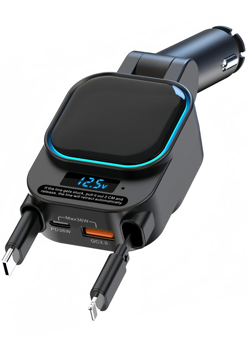 شاحن سيارات سريع مع كابلات قابلة للسحب (Type-C و Lightning)، متوافق مع 12 فولت و24 فولت، زاوية قابلة للتعديل، منفذ USB و PD Type-C، مناسب لـ iPhone، iPad، Samsung، Huawei، Xiaomi، والهواتف الذكية ال - Image 1