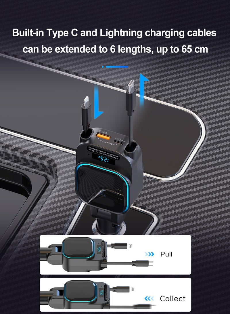 شاحن سيارات سريع مع كابلات قابلة للسحب (Type-C و Lightning)، متوافق مع 12 فولت و24 فولت، زاوية قابلة للتعديل، منفذ USB و PD Type-C، مناسب لـ iPhone، iPad، Samsung، Huawei، Xiaomi، والهواتف الذكية ال - Image 4