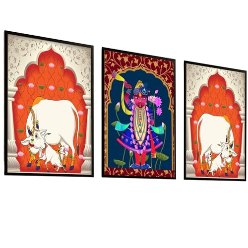 Nozvera Shreenathji & Kamdhenu Cow Wall Painting Set of 3 – Traditional Pichwai Art Framed MDF Decor for Home Temple, Pooja Room, Vastu Wall– Ready to Hang Non-Stickable Spiritual Art - Image 1