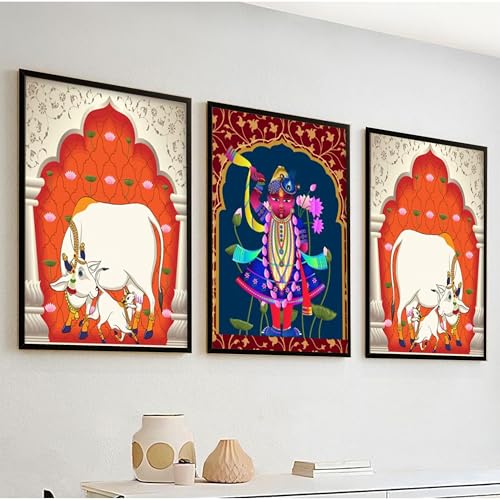 Nozvera Shreenathji & Kamdhenu Cow Wall Painting Set of 3 – Traditional Pichwai Art Framed MDF Decor for Home Temple, Pooja Room, Vastu Wall– Ready to Hang Non-Stickable Spiritual Art - Image 5