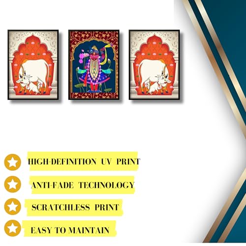 Nozvera Shreenathji & Kamdhenu Cow Wall Painting Set of 3 – Traditional Pichwai Art Framed MDF Decor for Home Temple, Pooja Room, Vastu Wall– Ready to Hang Non-Stickable Spiritual Art - Image 4