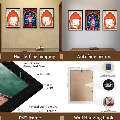 Nozvera Shreenathji & Kamdhenu Cow Wall Painting Set of 3 – Traditional Pichwai Art Framed MDF Decor for Home Temple, Pooja Room, Vastu Wall– Ready to Hang Non-Stickable Spiritual Art - Image 2