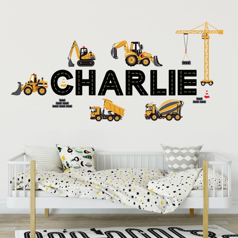 YooNotee 8 Sheets Personalized Name Wall Decals Construction Truck Wall Decal Custom Letter Stickers Car Name Stickers Nursery Decal for Bedside Bedroom Classroom Home DIY Crafts - Image 1