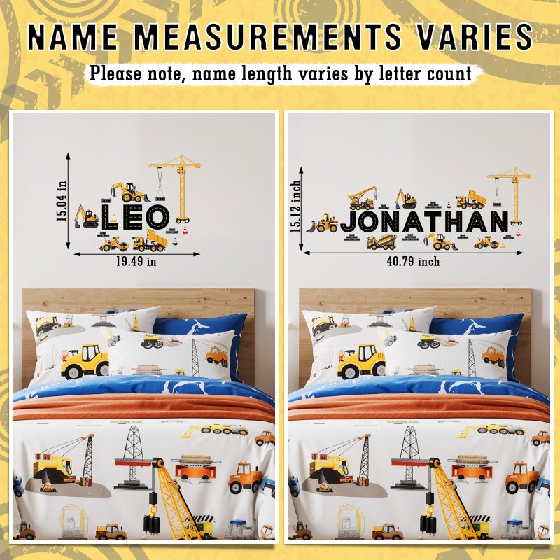 YooNotee 8 Sheets Personalized Name Wall Decals Construction Truck Wall Decal Custom Letter Stickers Car Name Stickers Nursery Decal for Bedside Bedroom Classroom Home DIY Crafts - Image 3