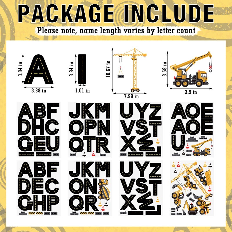 YooNotee 8 Sheets Personalized Name Wall Decals Construction Truck Wall Decal Custom Letter Stickers Car Name Stickers Nursery Decal for Bedside Bedroom Classroom Home DIY Crafts - Image 2