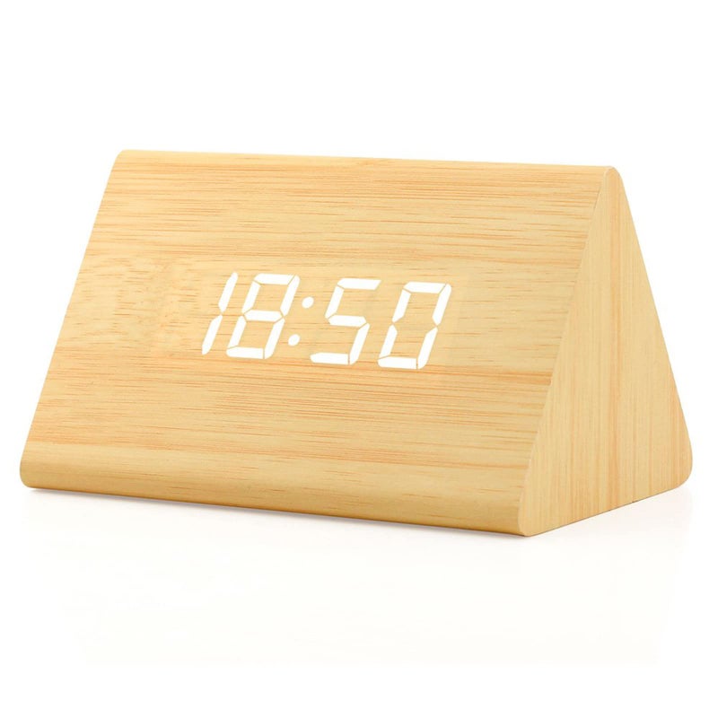 GEARONIC Digital Alarm Clock Wooden Alarm Clock Wood Modern Triangle Alarm Digital Desk Clock Displays Time Date Temperature Calendar Wood Made Electric Clocks for Bedroom Bedside  Bamboo