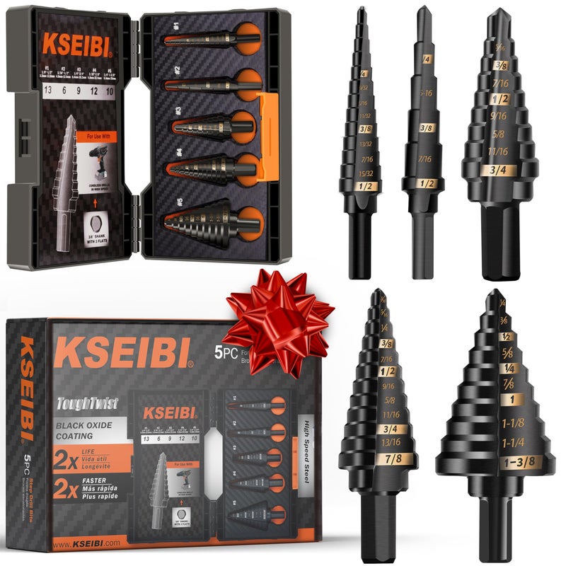 KSEIBI 598240 Industrial Grade Unibit 5-Pieces Step Drill Bits Set 3-Flat Shank, High-Speed Steel Metal Drill Bits Kit Black Oxide M2 for Drilling Stainless Steel, Aluminium, Wood - Image 1
