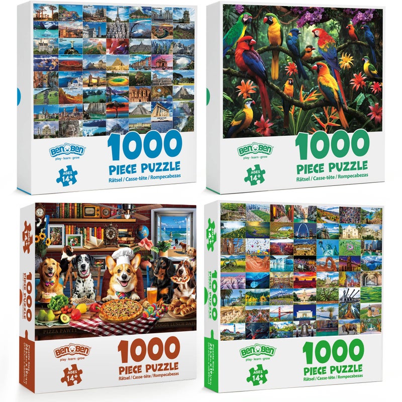BenBen 1000 Piece Puzzle for Adults, 4 Pack Jigsaw Puzzles with Letters on Back, World Landscape, USA Landmarks, Dogs' Dinner Party, Jungle Parrots - Image 3