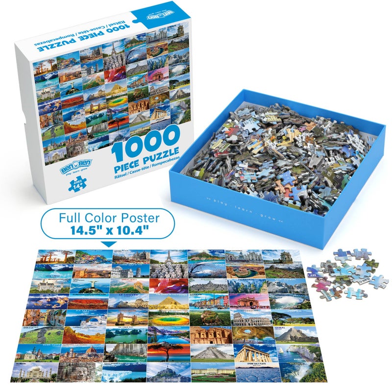 BenBen 1000 Piece Puzzle for Adults, 4 Pack Jigsaw Puzzles with Letters on Back, World Landscape, USA Landmarks, Dogs' Dinner Party, Jungle Parrots - Image 4