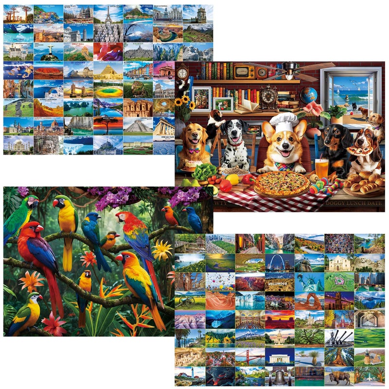 BenBen 1000 Piece Puzzle for Adults, 4 Pack Jigsaw Puzzles with Letters on Back, World Landscape, USA Landmarks, Dogs' Dinner Party, Jungle Parrots - Image 1