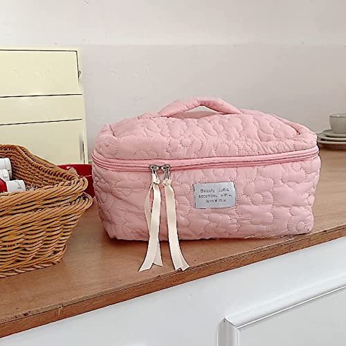 Sprqcart Quilted Cotton Makeup Bag for Women – Large Capacity Travel Cosmetic Organizer with Zipper – Cute Floral Toiletry Pouch – Handheld Portable Multifunctional Storage Purse - Image 5