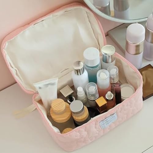 Sprqcart Quilted Cotton Makeup Bag for Women – Large Capacity Travel Cosmetic Organizer with Zipper – Cute Floral Toiletry Pouch – Handheld Portable Multifunctional Storage Purse - Image 4