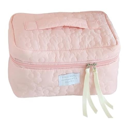 Sprqcart Quilted Cotton Makeup Bag for Women – Large Capacity Travel Cosmetic Organizer with Zipper – Cute Floral Toiletry Pouch – Handheld Portable Multifunctional Storage Purse - Image 1