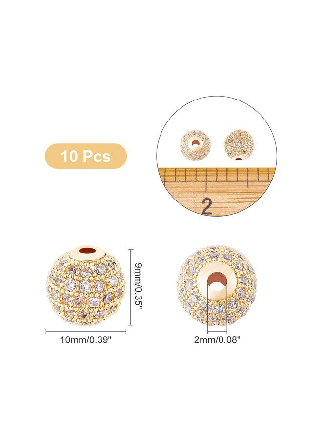 NBEADS 10 Pcs About 9.5~10mm Golden Cubic Zirconia Brass Beads, Micro Pave Setting Disco Ball Spacer Beads Clear Crystal Brass Round Bracelet Beads for Jewelry Making - Image 2