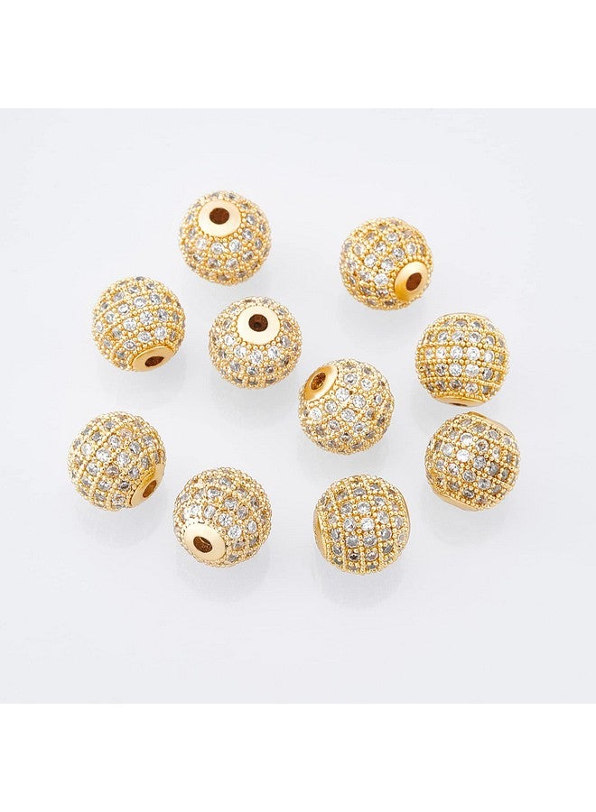 NBEADS 10 Pcs About 9.5~10mm Golden Cubic Zirconia Brass Beads, Micro Pave Setting Disco Ball Spacer Beads Clear Crystal Brass Round Bracelet Beads for Jewelry Making - Image 5