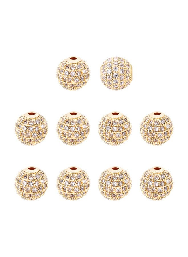 NBEADS 10 Pcs About 9.5~10mm Golden Cubic Zirconia Brass Beads, Micro Pave Setting Disco Ball Spacer Beads Clear Crystal Brass Round Bracelet Beads for Jewelry Making - Image 1