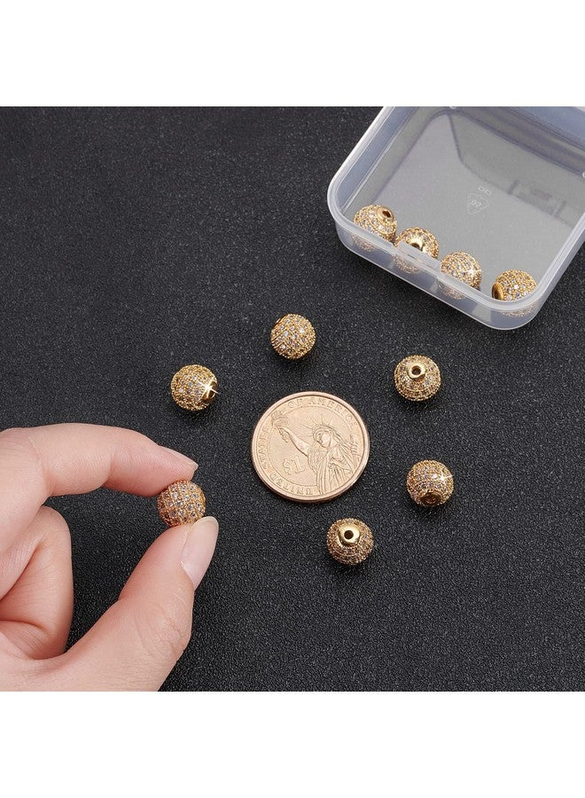 NBEADS 10 Pcs About 9.5~10mm Golden Cubic Zirconia Brass Beads, Micro Pave Setting Disco Ball Spacer Beads Clear Crystal Brass Round Bracelet Beads for Jewelry Making - Image 3