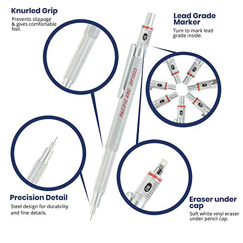 Pacific Arc Chromagraph Metal Mechanical Pencil .3 mm Silver Barrel Mechanical Pencil with Built In Lead Pencil Grade Indicator, Lead Pencil Holder for Drafting, Sketching, and Drawing - Image 3