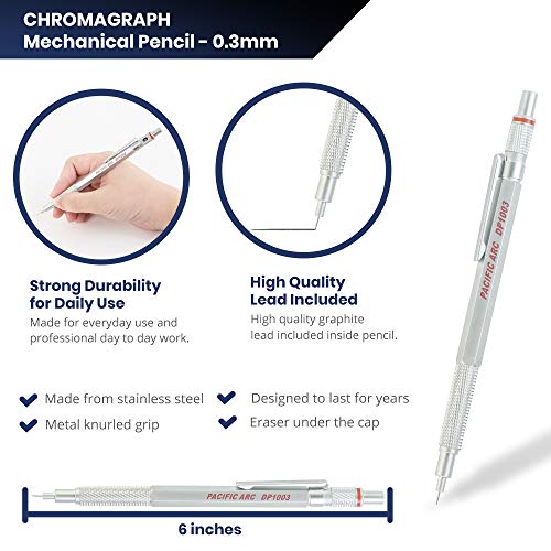 Pacific Arc Chromagraph Metal Mechanical Pencil .3 mm Silver Barrel Mechanical Pencil with Built In Lead Pencil Grade Indicator, Lead Pencil Holder for Drafting, Sketching, and Drawing - Image 2