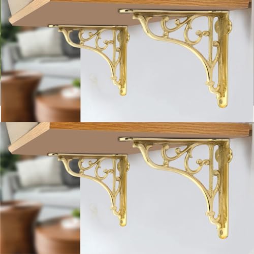 GHAR DWAR Metal Handcrafted Shelf Bracket for Floating Shelves L Angle Decorative L Shaped Corner Brace Joint Heavy Duty Wall Mounted Shelf Supporter Brace Holder (Gold, Pack of 4) - Image 1