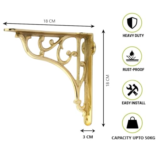 GHAR DWAR Metal Handcrafted Shelf Bracket for Floating Shelves L Angle Decorative L Shaped Corner Brace Joint Heavy Duty Wall Mounted Shelf Supporter Brace Holder (Gold, Pack of 4) - Image 3