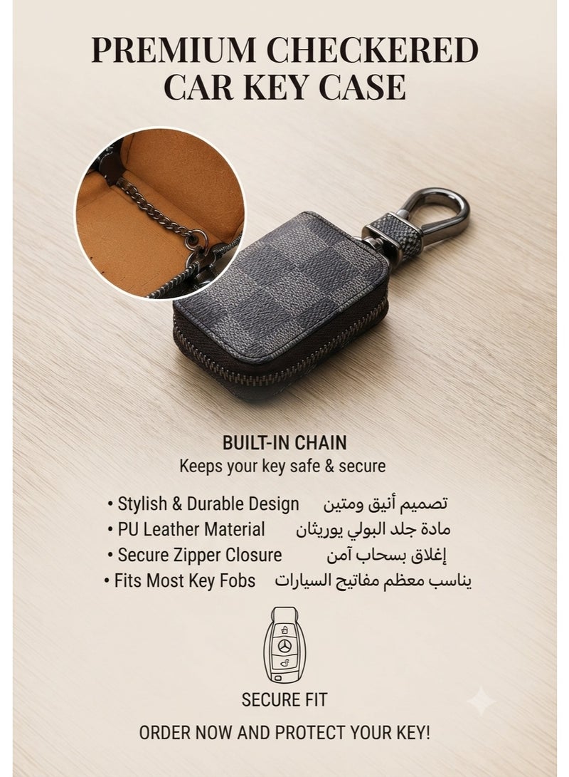 Premium PU Leather Car Key Case with Zipper – Smart Car Key Holder with Metal Hook & Built-in Key Chain – Checkered Protective Key Fob Organizer Cover - Image 3